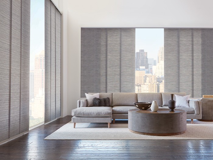 grey living room overlooking city